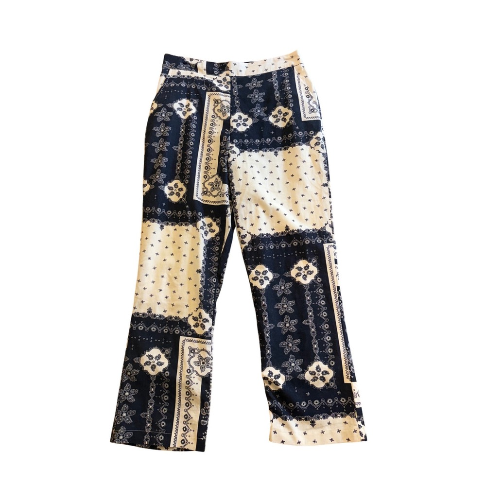 Bailey Rose Bandana Patchwork Linen Blend Print Pants Navy White High Rise M